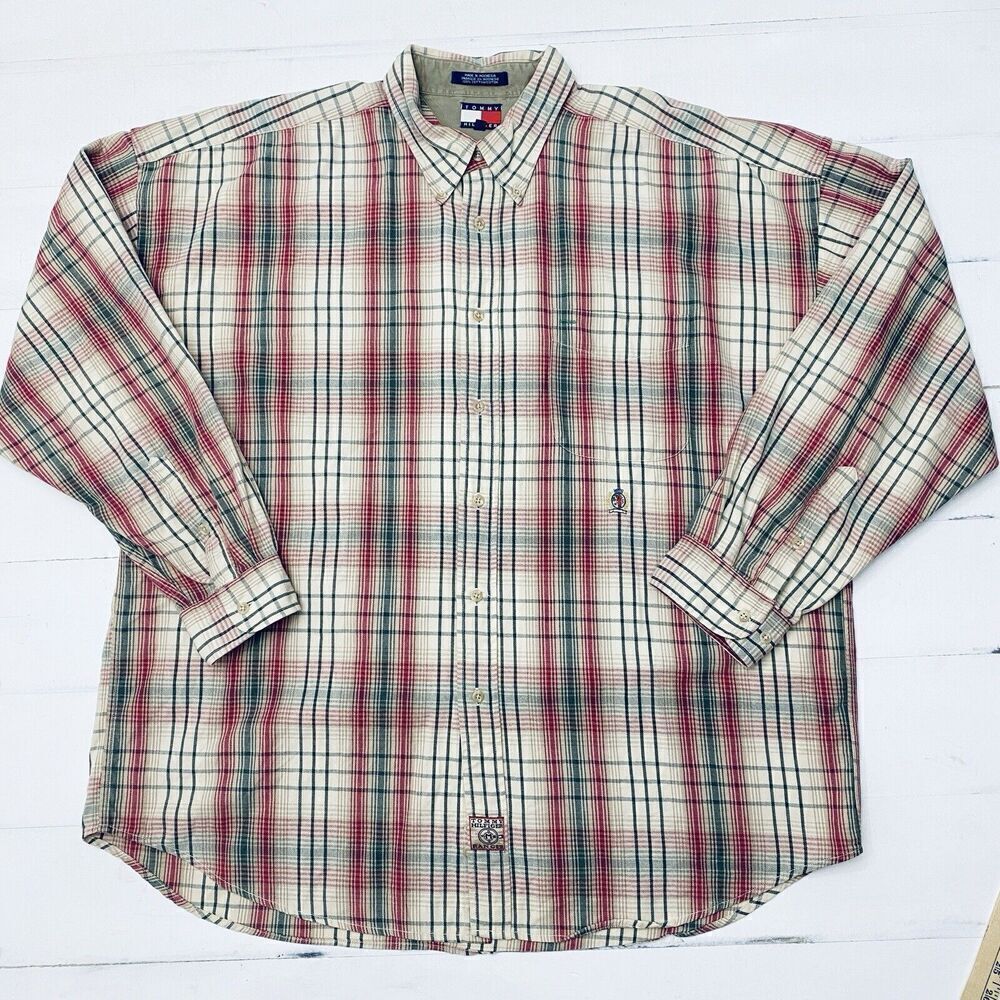Vtg Tommy Hilfiger Mens Button Down Logo Cotton Shirt Cream Tan Plaid Size XL